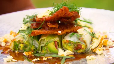 Avocado and feta cabbage rolls with crisp prosciutto