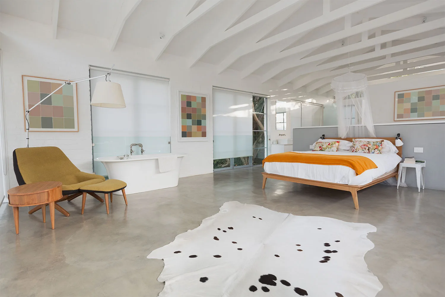 Bedroom with cow hide rug