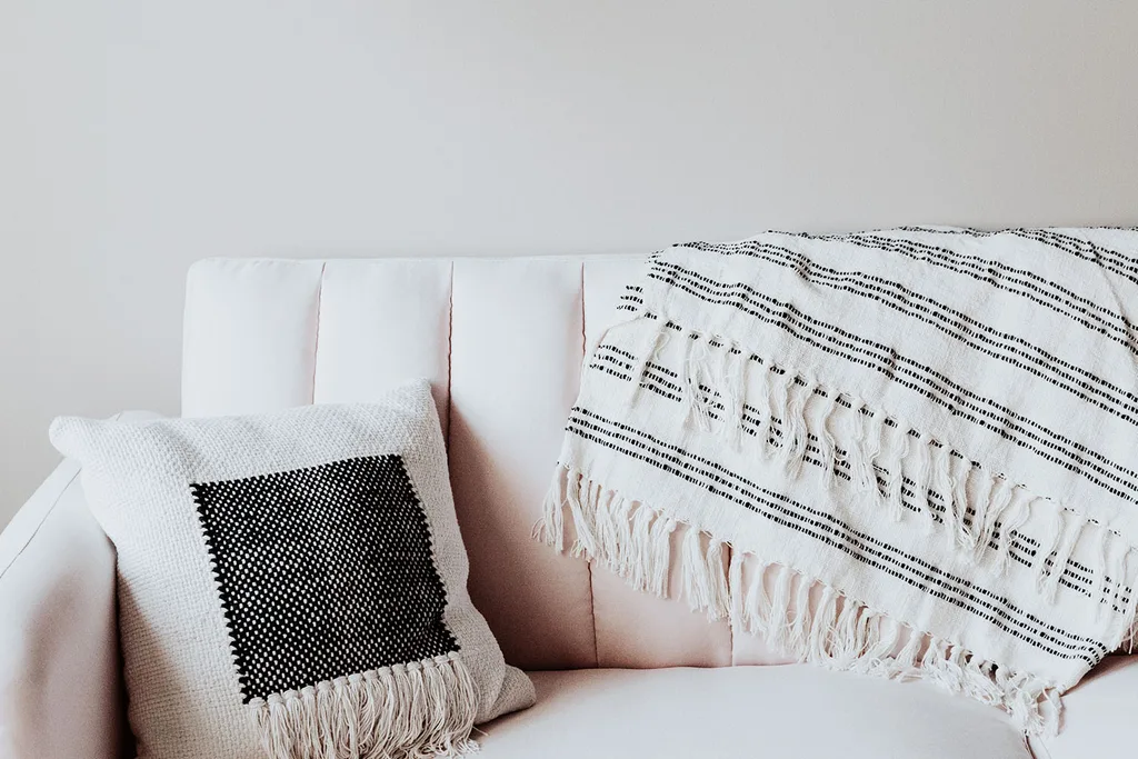 sofa with cushion and throw