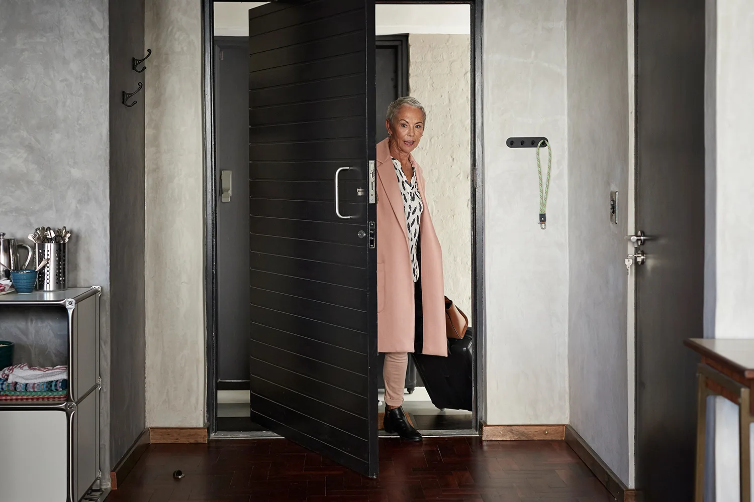 Woman walking into room