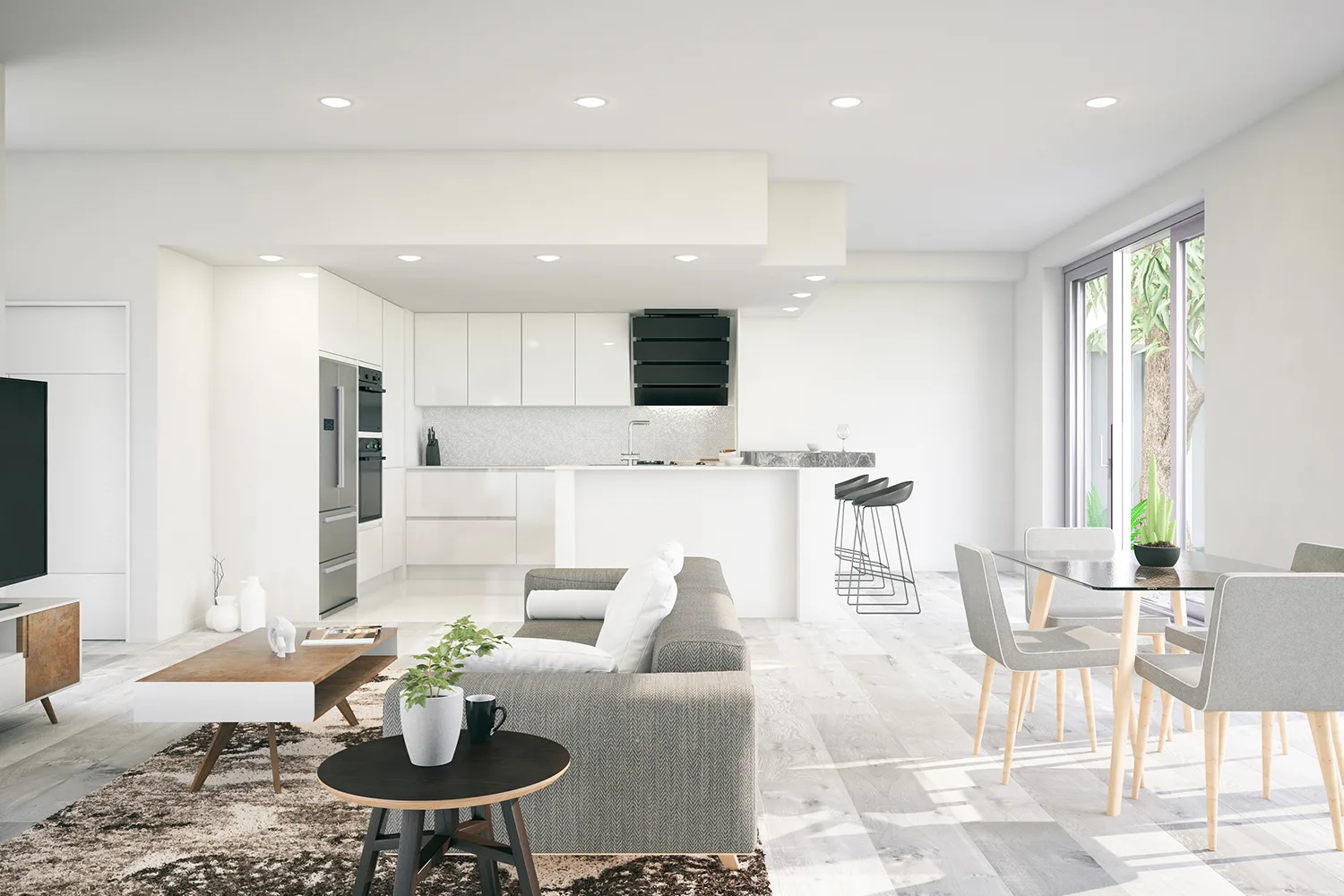 white open plan living and dining space with grey furniture