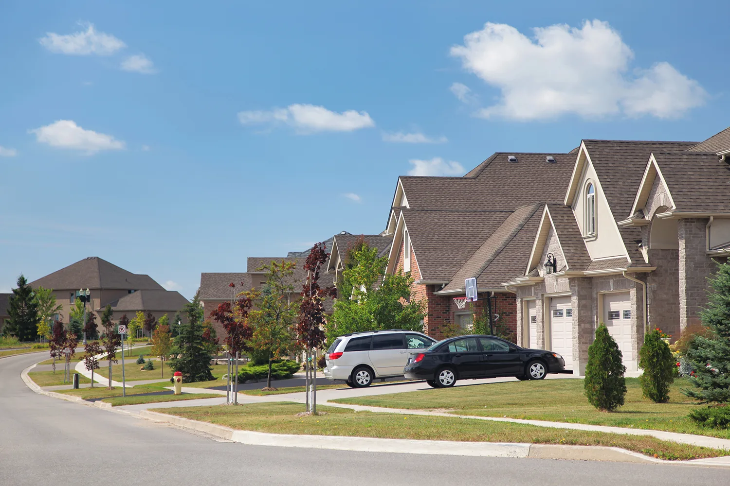 suburban street filled with houses and two cars
