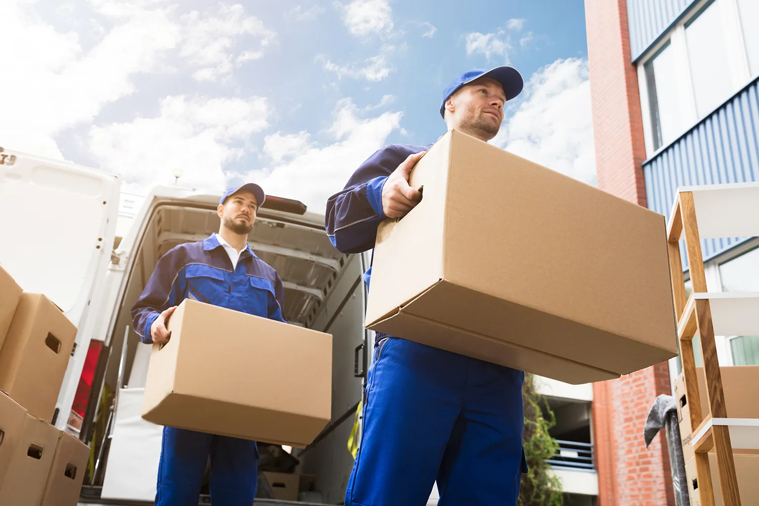 removalists in blue uniform carrying boxes