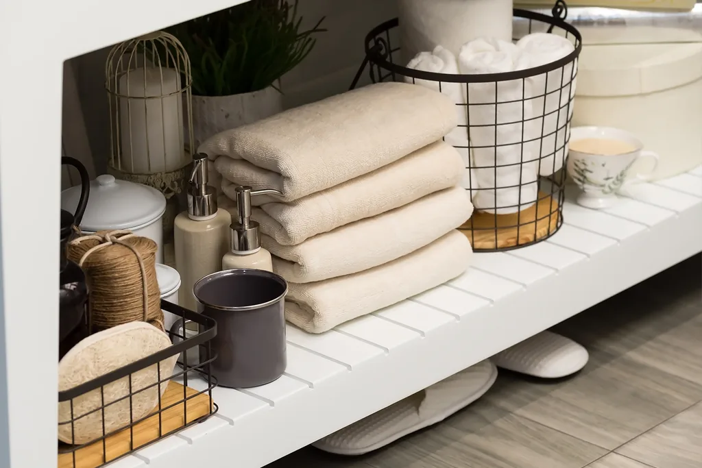 bathroom accessories on white shelf
