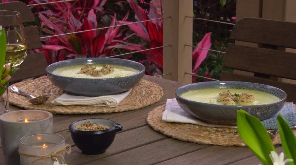 Green pea & lettuce soup with tarragon dumplings