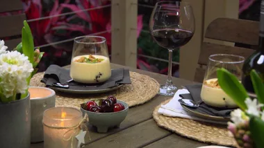 Zabaglione with sweet pickled cherries & crushed amaretti