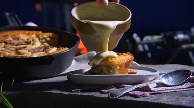 Warm pear and raisin buckle with easy almond custard