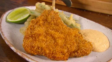 Crispy tonkatsu pork chops with kimchi aioli and fried beans