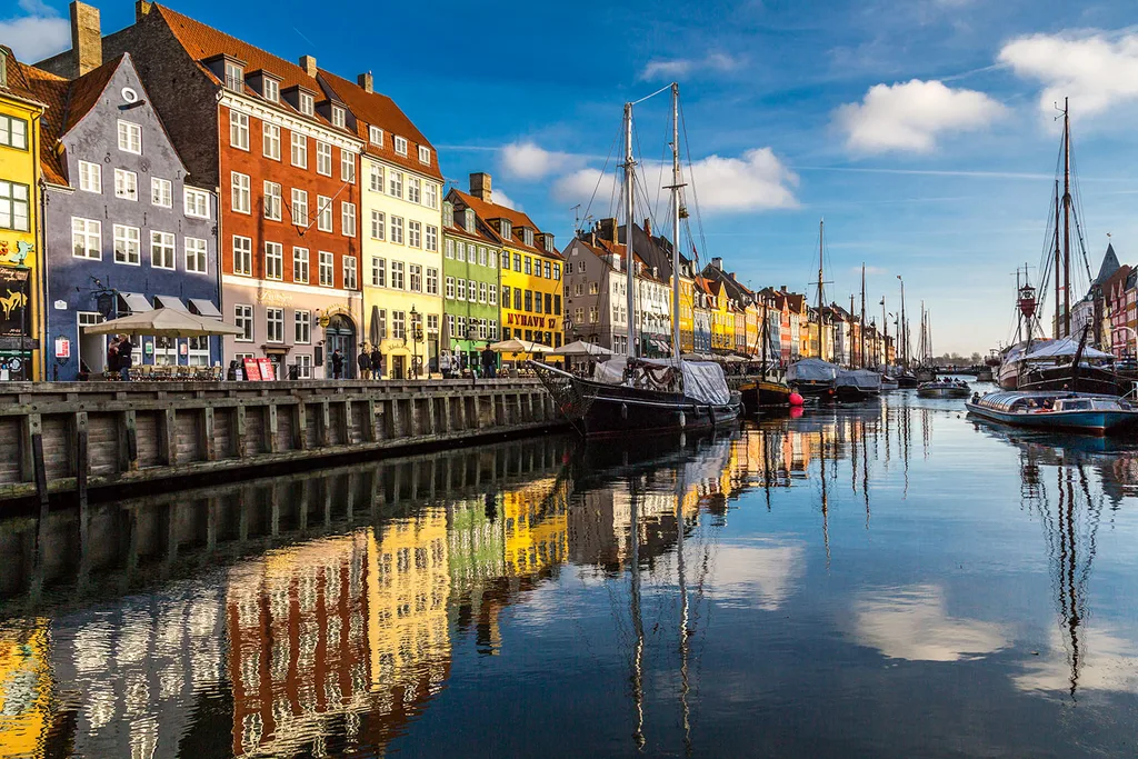 Copenhagen, Denmark, river, canal, colourful houses, ships