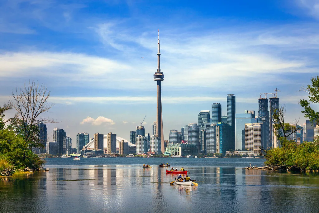 Toronto, Canada, city view lake with kayaks
