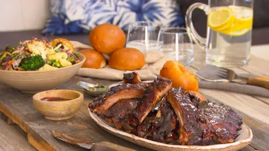 BBQ Pork Ribs with Grilled Broccoli and Cauliflower Coleslaw