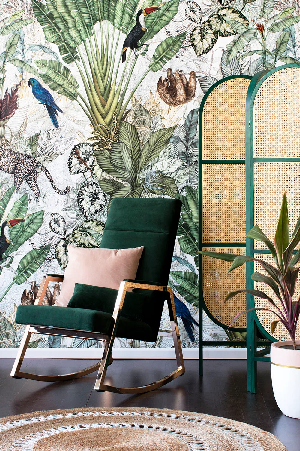 botanical print wallpaper velvet armchair cane room divider