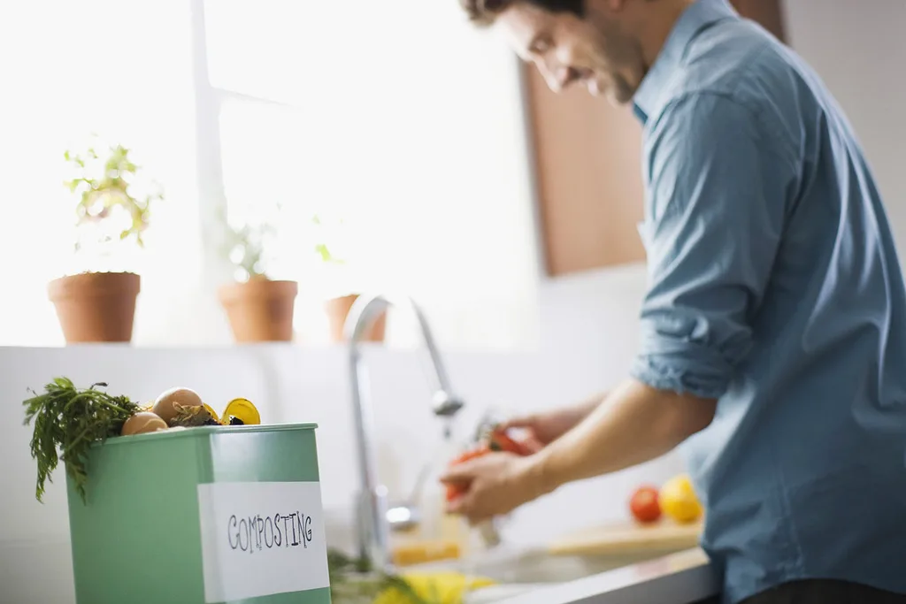 man at sink next to compost bin