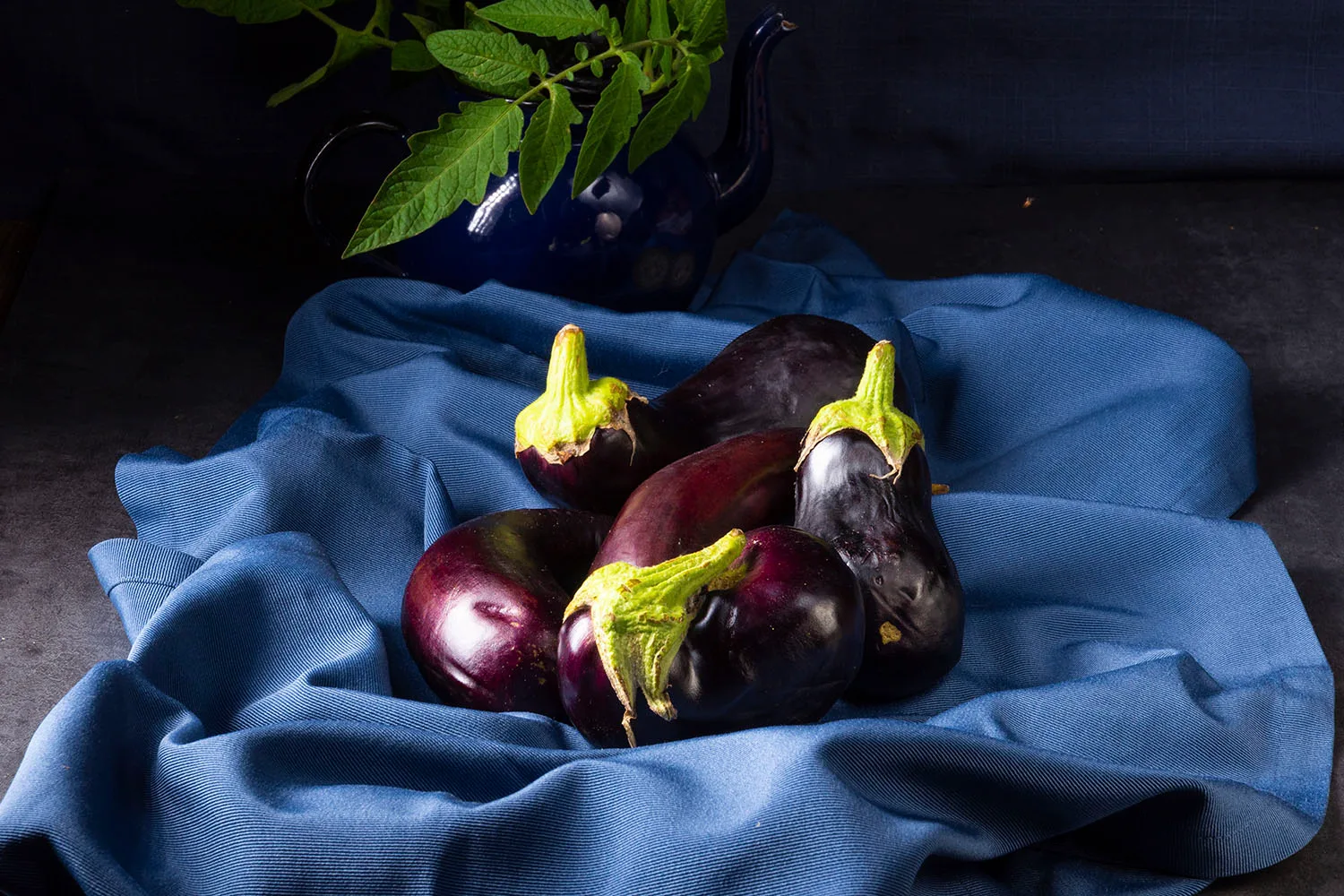eggplant on blue fabric