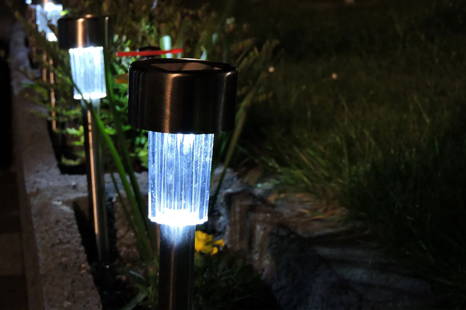 solar garden light in garden bed
