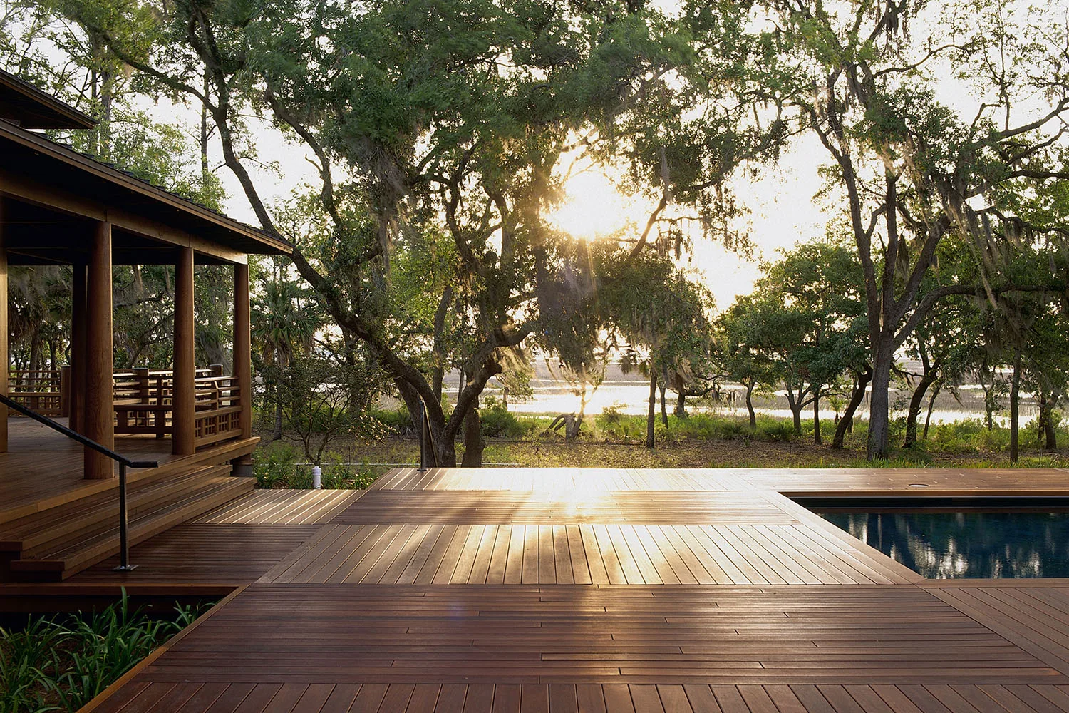 sun shining on timber deck