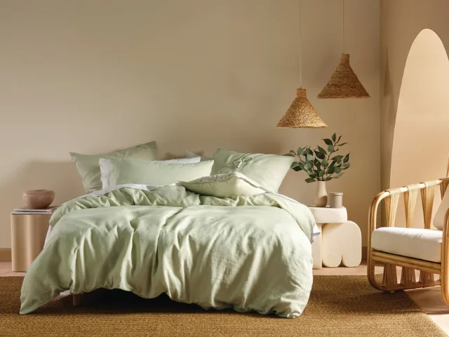 bedroom with linen throw blanket