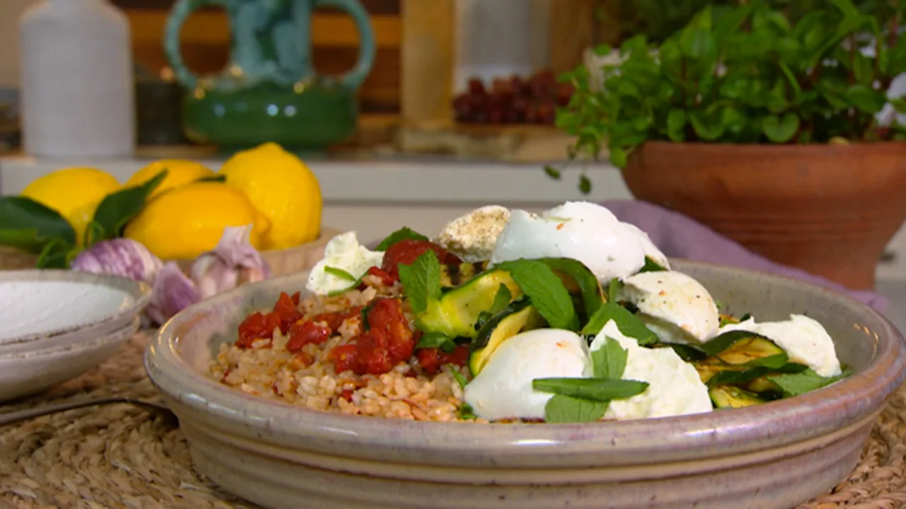 Roast tomato and zucchini and pastina salad with buffalo mozzarella