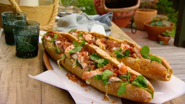 Whole Baguette with King Prawns Minted Cabbage and Crispy Pancetta