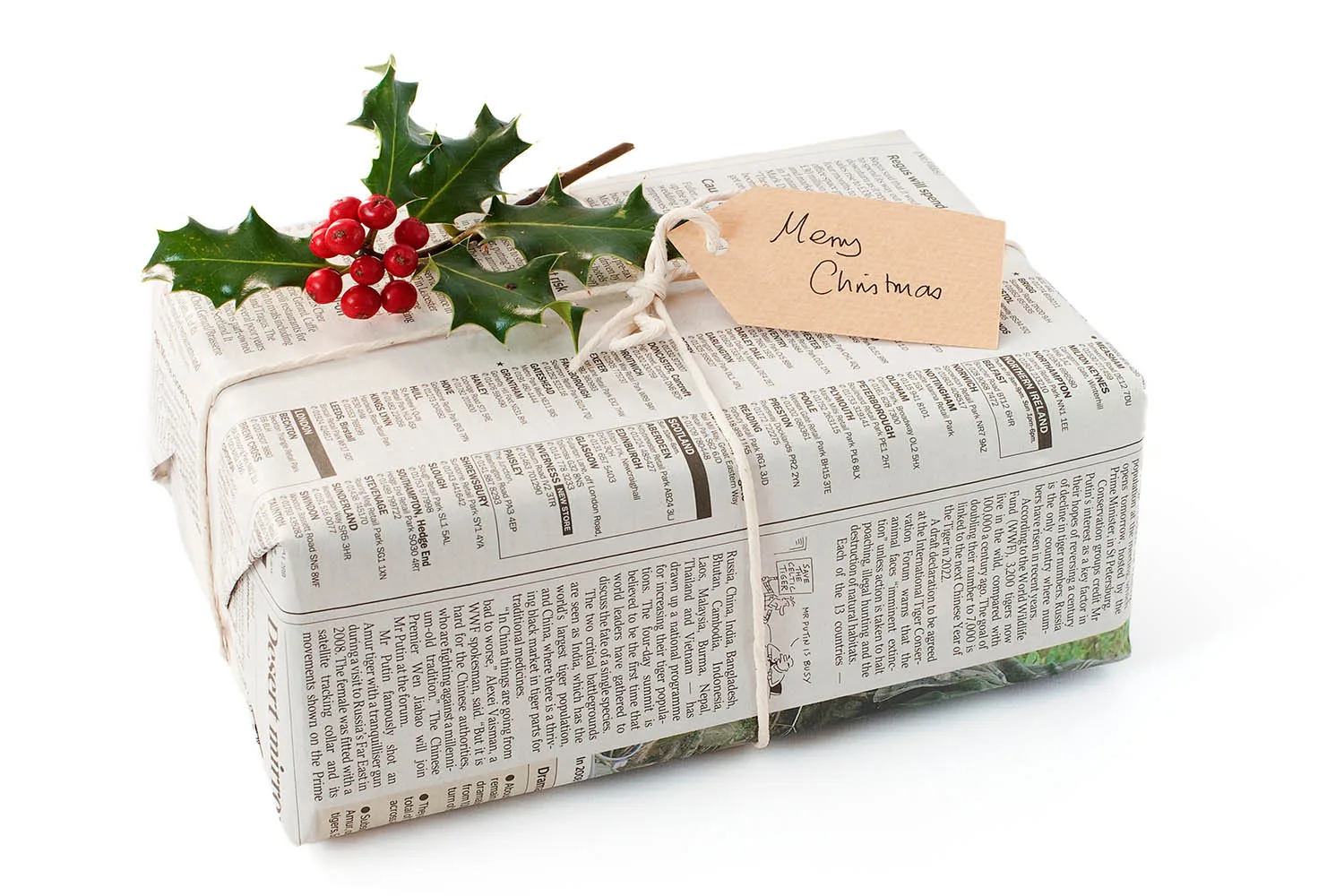 christmas gift wrapped in newspaper