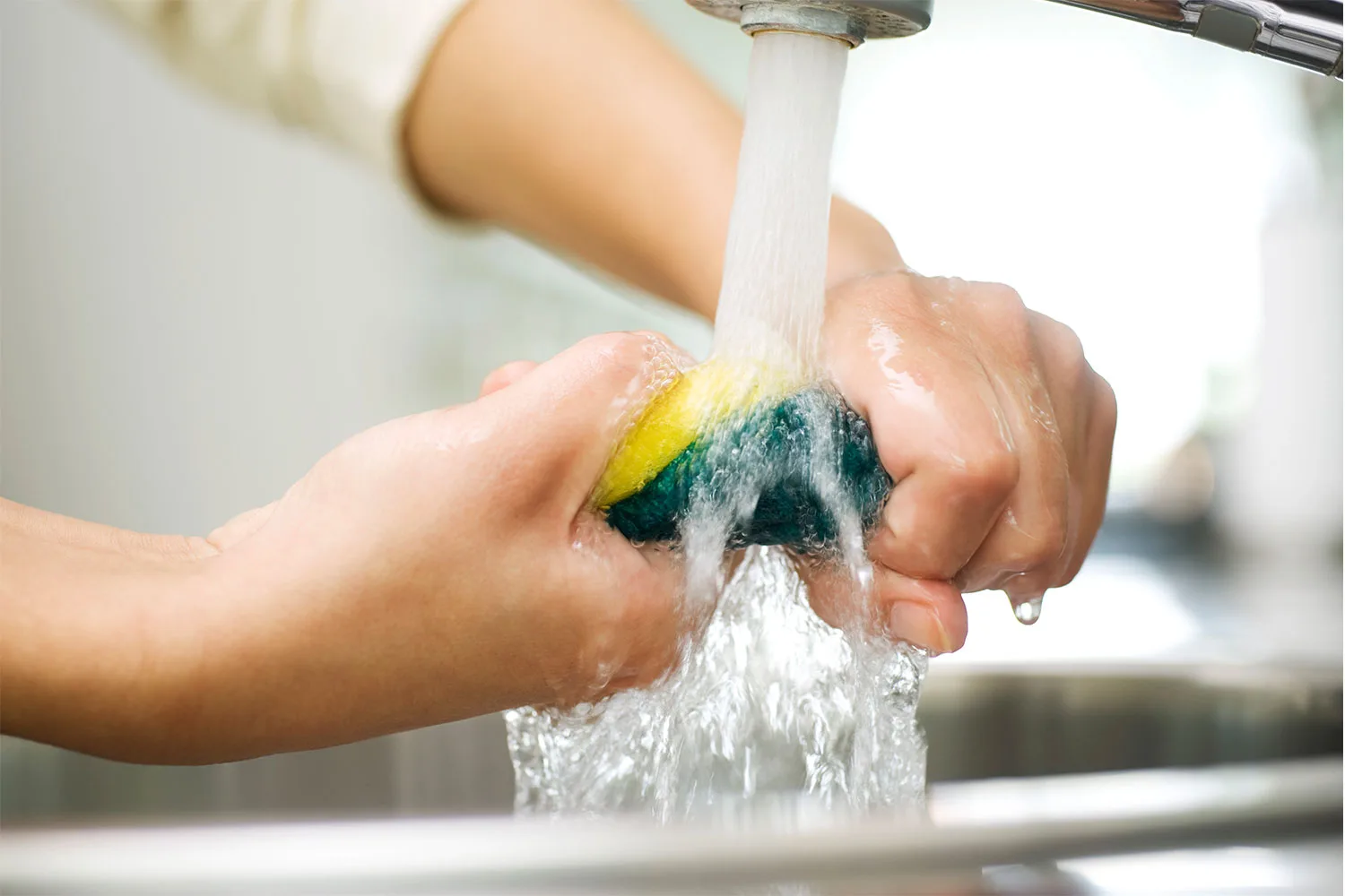 Wringing kitchen sponge under tap