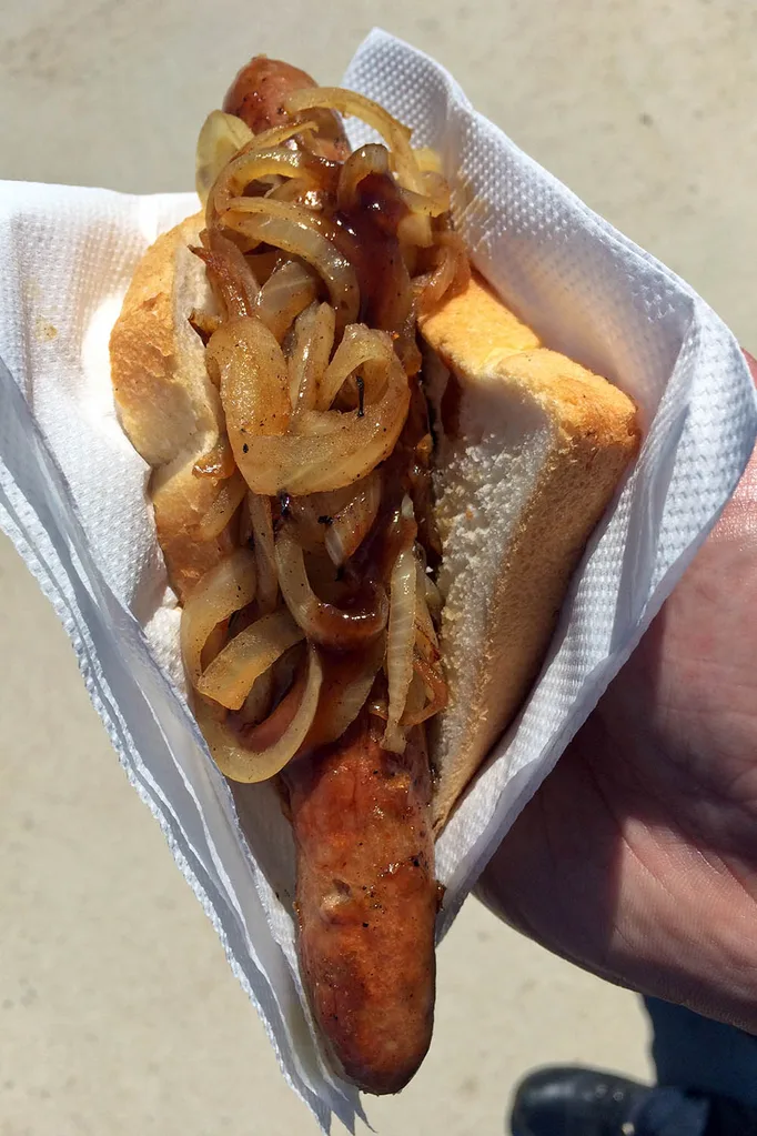 sausage in bread with onion