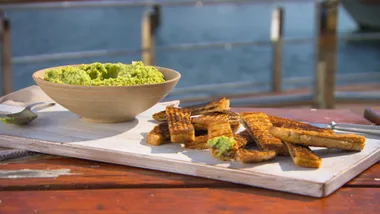Soy bean hummus with olive tapenade & parmesan toast crisps