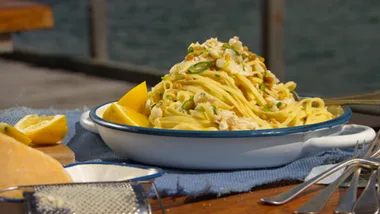 Lobster linguine with white wine & pine nut sauce