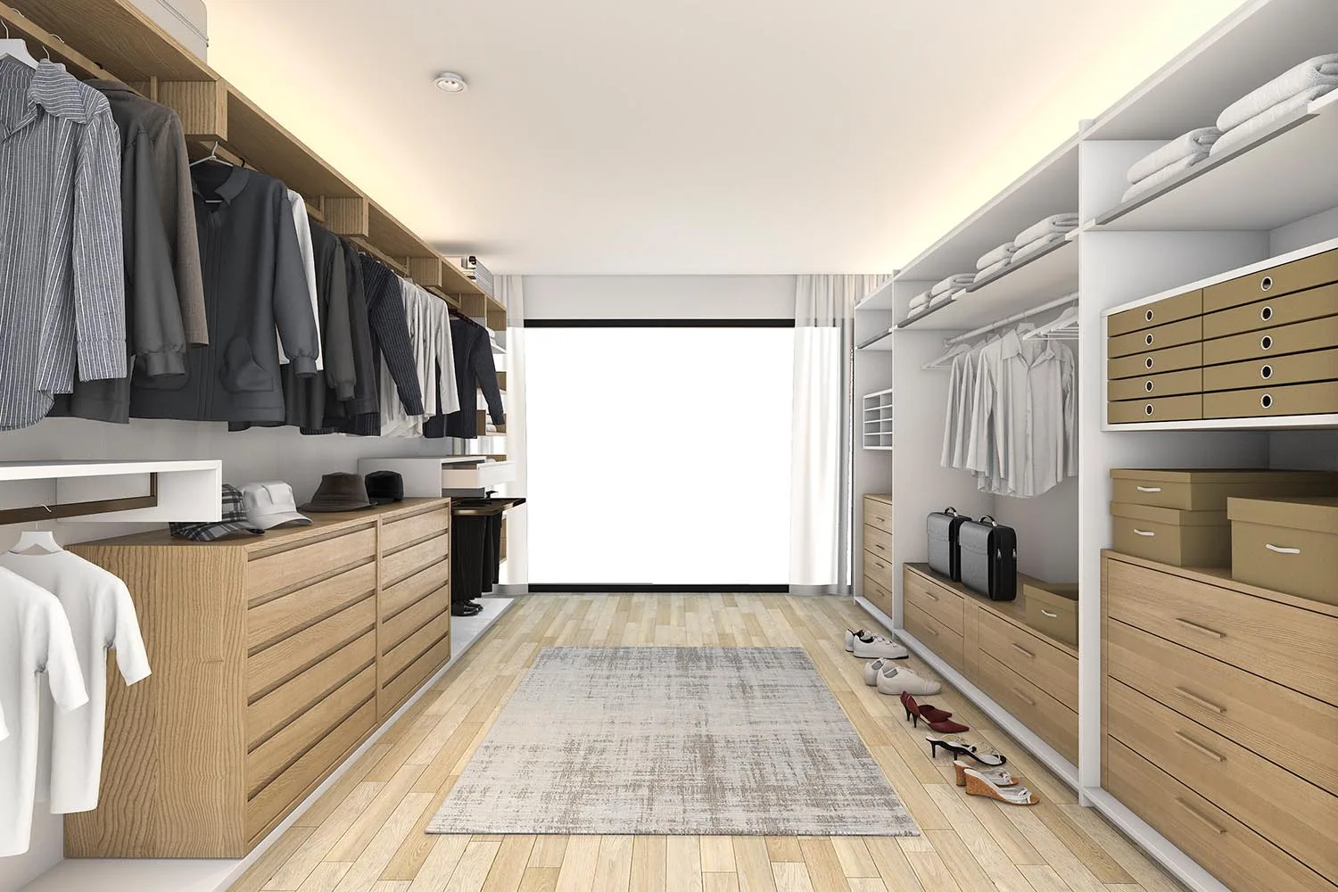 walk in wardrobe with drawers, window and hanging space