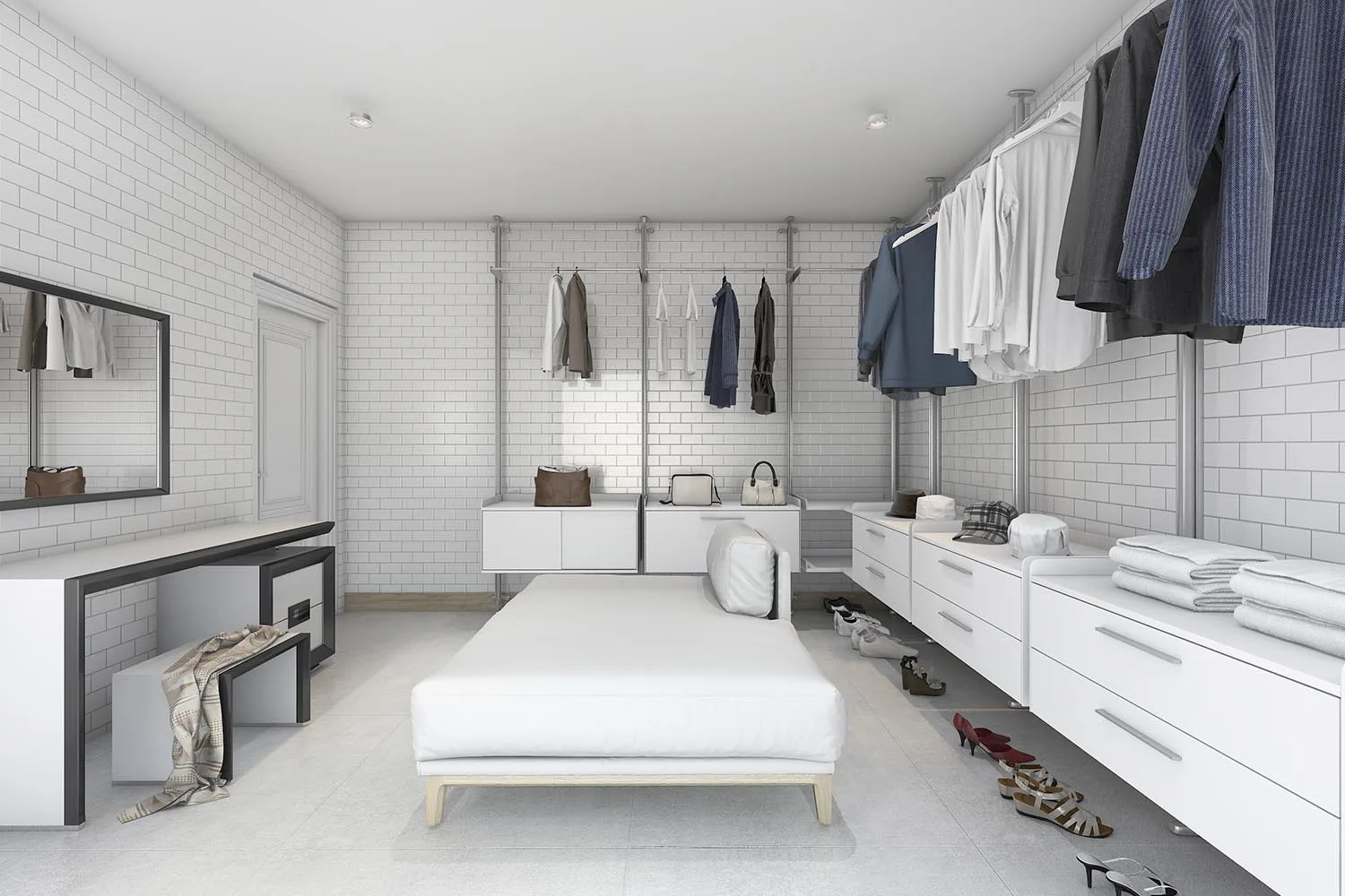 walk in wardrobe with subway tiles