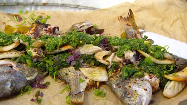 BBQ bream with herb sauce and flame-grilled squid