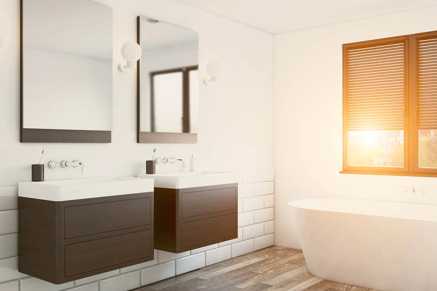 two floating bathroom vanities in white bathroom