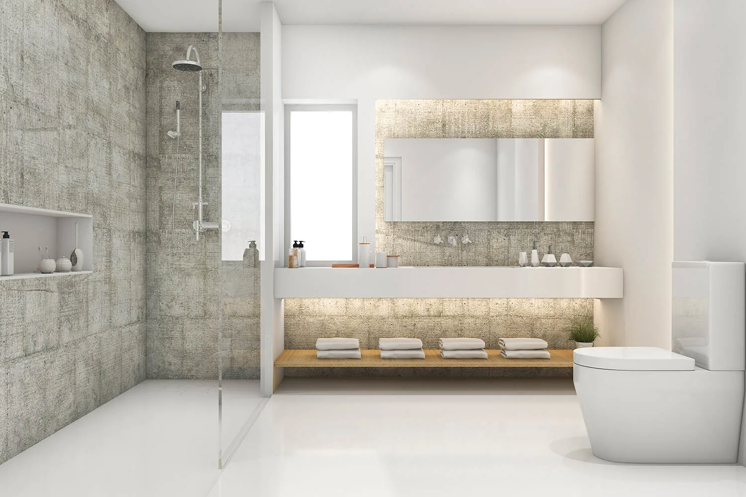 bathroom with stone tiles and laminate bench tops in white