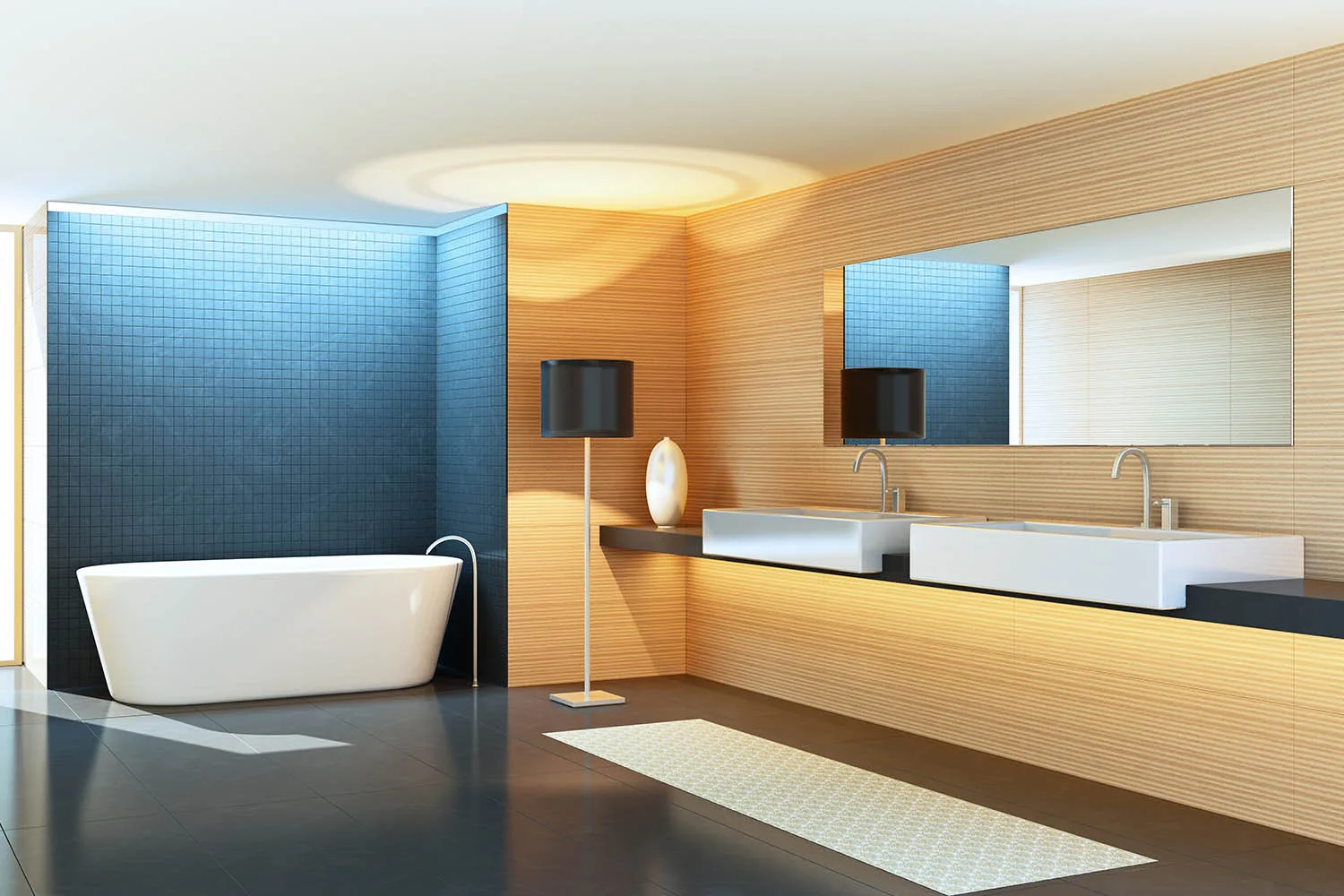 modern minimal bathroom with timber walls and blue tiles around bath