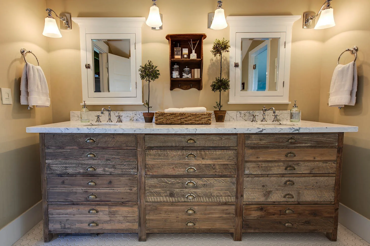 bathroom vanity made from rustic timber drawer unit