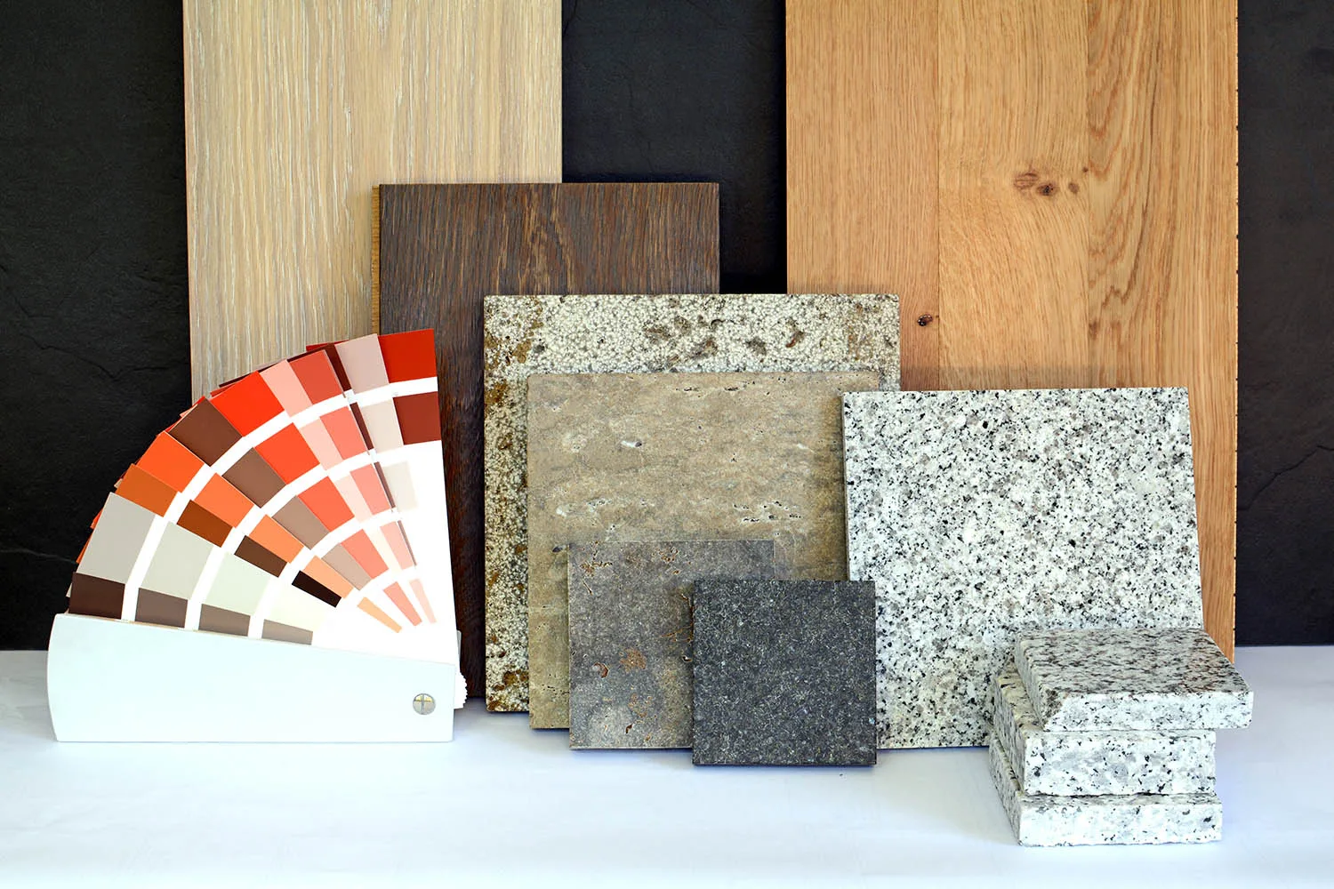 swatches and samples of paint, stone, and timber