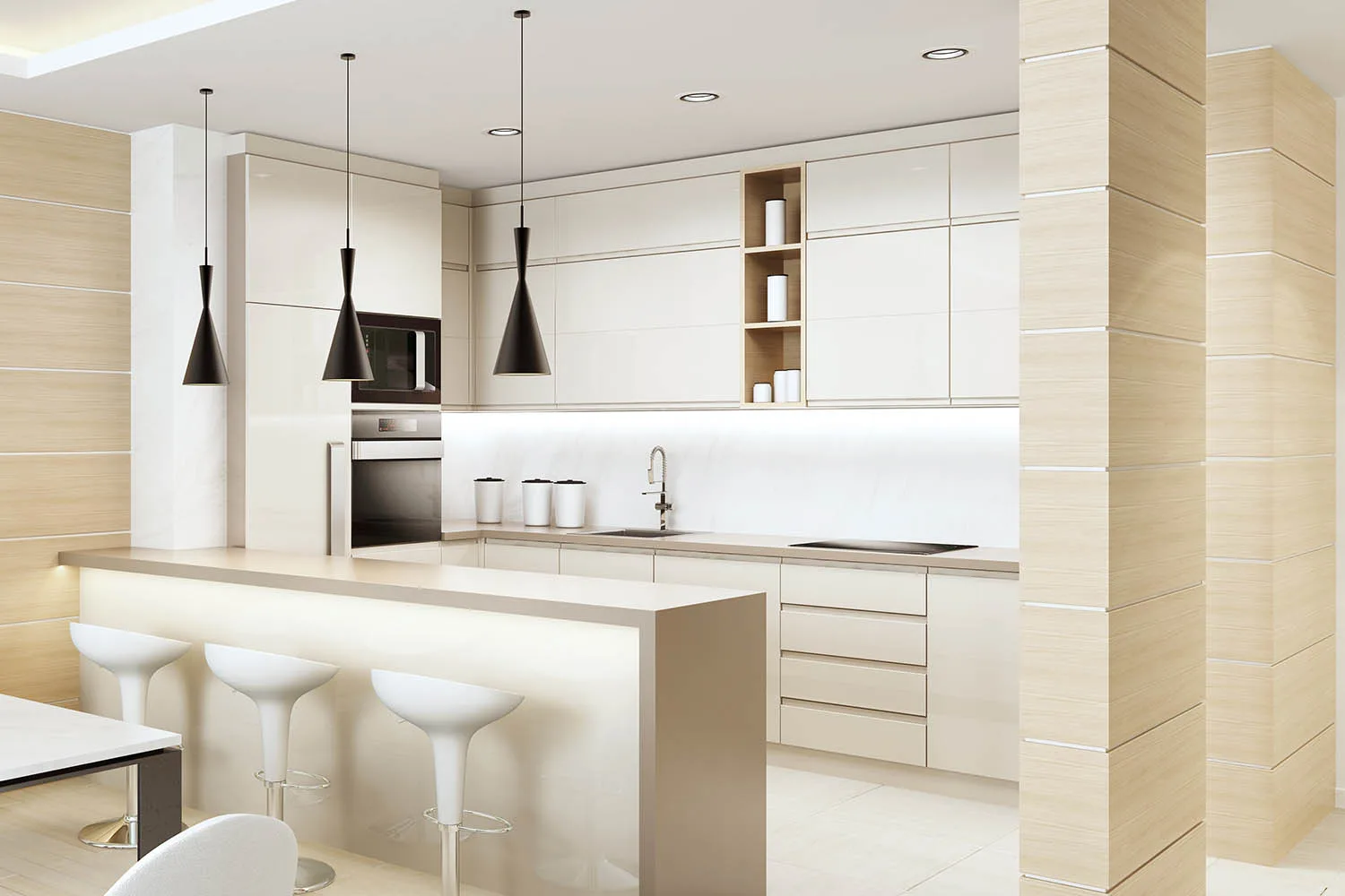 tonal minimal u shaped kitchen