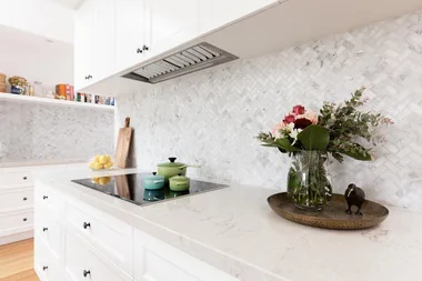 kitchen benchtop with flowers and pots