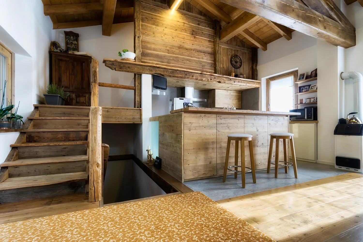 timber kitchen and living in cabin