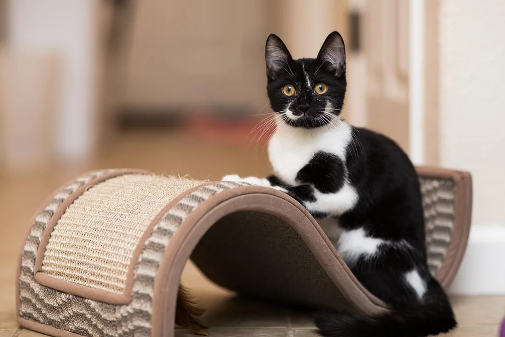 cat sitting on cat scratcher