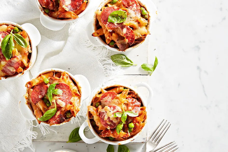 Roast lamb, caramelised onion and pea pasta bakes recipe Recipe | Better Homes & Gardens Australia