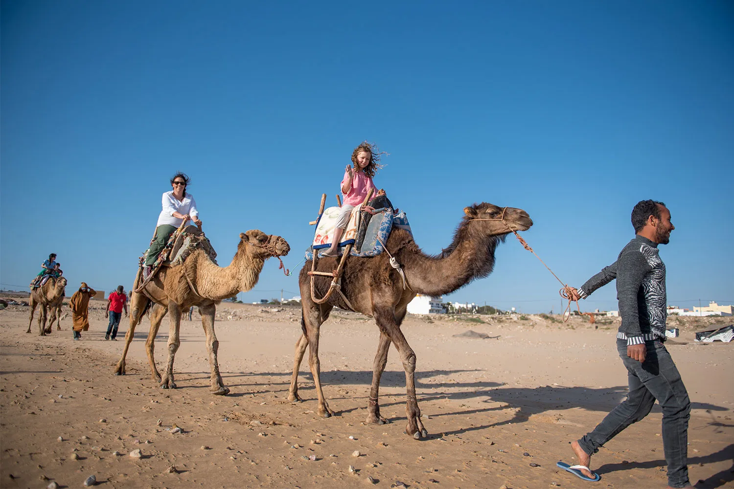 Family riding camels