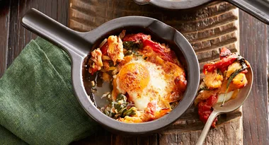 Baked eggs with smoked trout and spinach