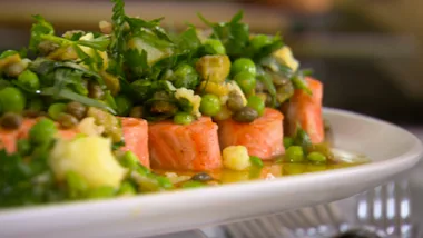 Rustic salsa verde with seared ocean trout