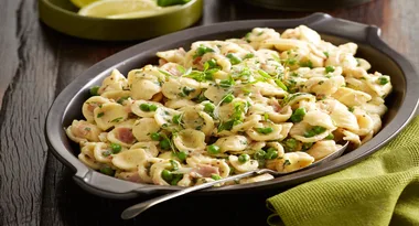 Creamy ham and  pea orecchiette