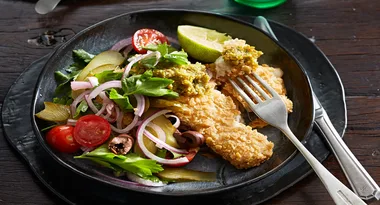Tortilla-crusted hoki with pistachio sauce