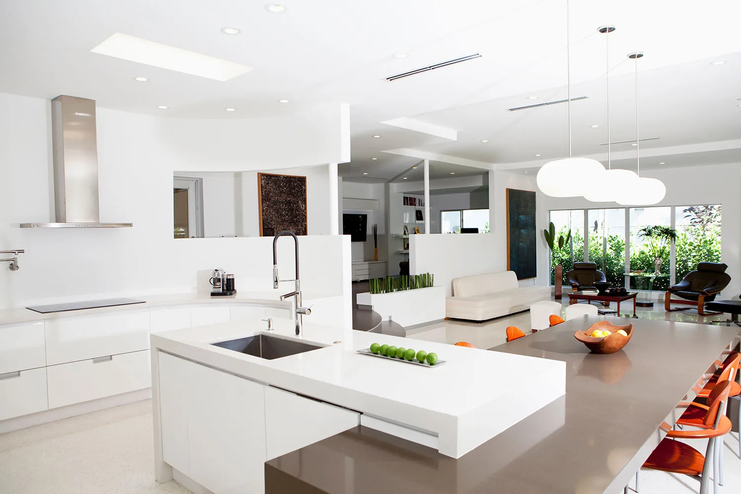 kitchen with curved walls, island and design features