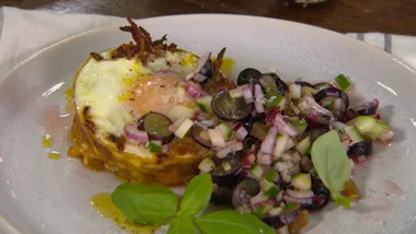 Baked vegetable nests with eggs and grape salsa