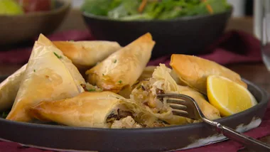 Pear, mortadella and feta pastry triangles