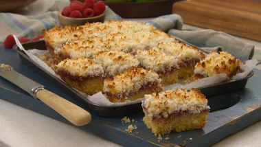 Old fashioned coconut raspberry slice